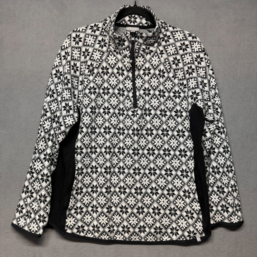 Talbots Quarter Zip Pullover Snowflake Fair Isle XL Black White Front Pocket